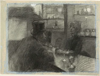 ローマ通りのカフェのバー、1886年頃（木炭、白チョーク、青布紙）