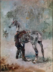 馬に鞍をつける砲手。アンリ・ド・トゥールーズ＝ロートレック（1864-1901）の絵画