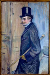 ルイ・パスカル（1864-1901）の肖像 画家のいとこがトップハットをかぶり、杖をついて煙草を吸っている姿が描かれています。アンリ・ド・トゥールーズ・ロートレック（1864-1901）の絵画 1891年 日。0,81x0,54 m アルビ。Musee Toulouse Lautrec - ルイ・パスカル（1864-1901）の肖像。