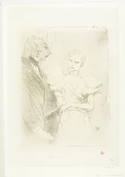 Portret van 女優 Marthe Brandès が俳優 Louis-Pierre Leloir として、tonelstuk Les Cabotins で カボタンのブランデスとルロワール