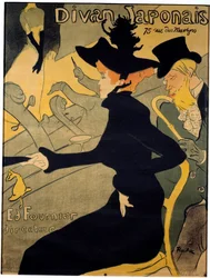 踊り子ジェーン・アヴリル（1868-1943）と作家エドゥアール・デュジャルダン（1861-1949）が歌手イヴェット・ギルバート（1867-1944）の舞台を見ている様子を描いたパリのキャバレー「日本の長椅子」のポスター - アンリ・ド・トゥールーズ＝ロートルによるリトグラフ。