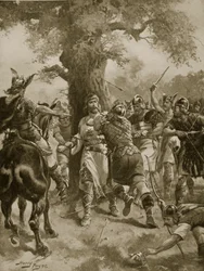 デーン人に殺害される聖エドマンド、紀元870年、『ハッチンソン英国史』の挿絵、1920年頃