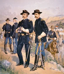 ネルソン・A・マイルズ准将、1888年のキャンペーンドレスを着たラインオフィサーとエンライテッド・ミー（カラーリトグラフ