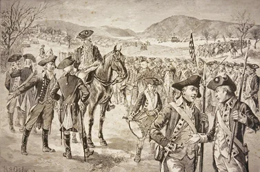 1783年11月初旬、ニューヨーク州ニューウィンザーでのアメリカ大陸軍の解散（リトグラフ）