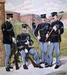 1902年から07年にかけてのアメリカ歩兵のフルドレス姿、1903年モデルのアメリカ製マガジンライフルで武装した姿（カラーリトグラフ）