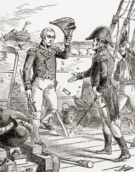 HMSゲリエールのダクレス大尉が降伏し、1812年の戦争中に敗北した後、USS憲法に乗ってハル大尉に彼の剣を提供します。