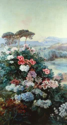 風景の中の椿と他の花（キャンバスに油彩）