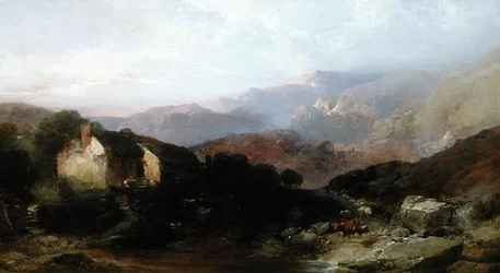 North Wales View with Overshot Mill, Cattle and Sheep （油彩・キャンバス）