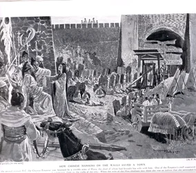壁に中国人のマニンキンがどのように町を救うか、「ハチソン国の歴史」、1920年頃のイラスト