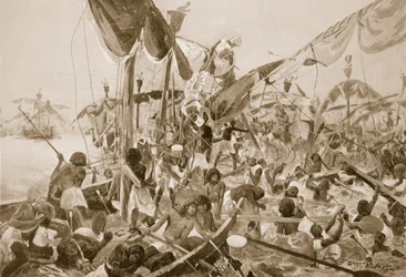 ペルーシウムでの海戦、「ハチソンの歴史」のイラスト、1910年頃