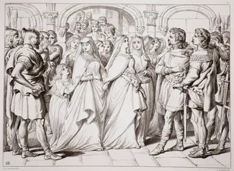 アルフトルーダは、パブのチャールズキングスレーによるヘレワード大王のイラストであるヘレワードを認識しています。 1870年、CGルイスによる彫刻（鋼板の彫刻）