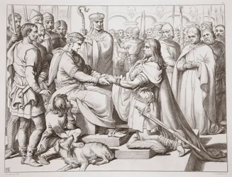 ヘレワードが王にどのようにやってきたか、チャールズキングスレーのヘレワード大王のイラスト、パブ。 1870年、CGルイスによる彫刻（鋼板の彫刻）