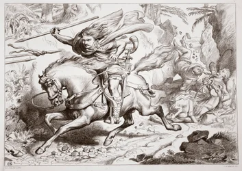 ヘレワードが罠に引っ掛かった方法、チャールズキングスレーのヘレワード大王のイラスト、パブ。 1870年、CGルイスによる彫刻（鋼板の彫刻）