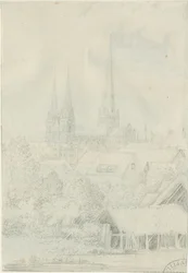 リッチフィールド大聖堂-南西ビュー：鉛筆画、nd [？1788-1855]（図面）