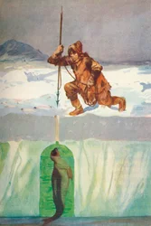 アザラシの呼吸孔に槍を刺そうとするエスキモー」1927年頃、1928年頃