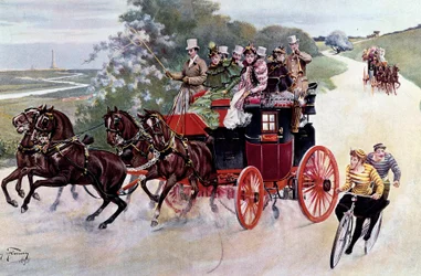 乗客とサイクリストのヒッチロード。ヘンリー・フィニー（19世紀）の絵画をもとにしたリトグラフ、1890年頃。個人蔵