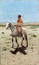 シャイアン族スカウト。ライフルを持った馬上のインディアン。ヘンリー・フランソワ・ファルニー（1847-1916）の作品。