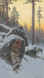 インディアンベアハンター、1911年（ボードに取り付けられた紙の水彩画）