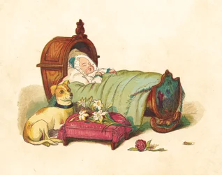 ベビーベッドで眠るヴィクトリア王女（カラーリトグラフ