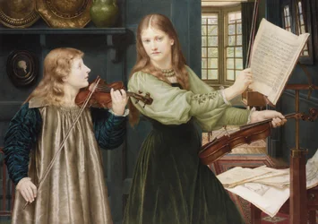 ラファエル前派の絵画。Duet par Holiday, Henry (1839-1927).厚紙に水彩画、78x108。個人蔵