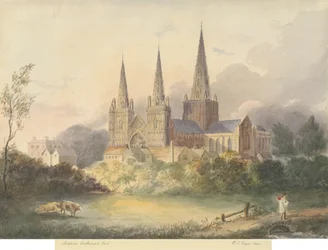 リッチフィールド大聖堂-ウェストビュー：水彩画、1844