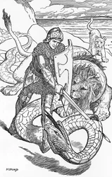 Percival fightint the serpent HJ Fordin (1860-1940) kuvitus teoksesta "The book of Romance" 1902 Yksityinen kokoelma