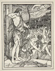 アンドリュー・ラングの「ギリシャの海の物語」より、ユリシーズが最初の矢をウーアーズに向けて放つ