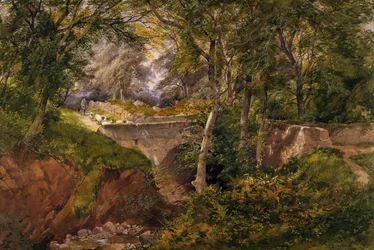 羊が橋を渡る森の風景、1868