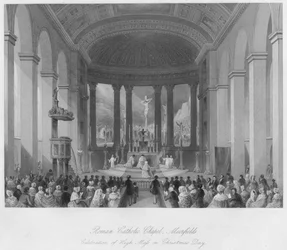 ムーアフィールズのローマ・カトリック礼拝堂。クリスマスの日の大ミサの祝典、1841年頃