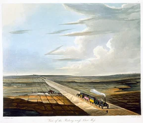 「チャット モスを渡る鉄道の眺め」、リバプール アンド マンチェスター鉄道、1833 年