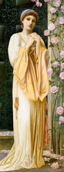 「真珠のネックレスをつけたアンティーク風の若い女性。ヘンリー・ライランド（1856-1924）（プレ・ラファエライト） 1901年 個人蔵