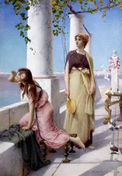 「アンティーク風のテラスから水平線を眺める若い女性たち。ヘンリー・ライランド（1856-1924） 1910年 個人蔵
