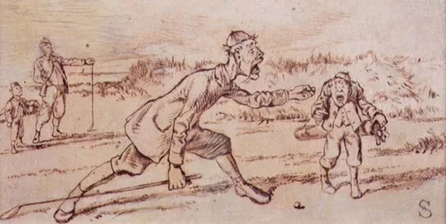 Shouting at the Caddie（キャディに向かって叫ぶ）：1870年頃に発行された雑誌「Graphic」のイラスト（リトグラフ版