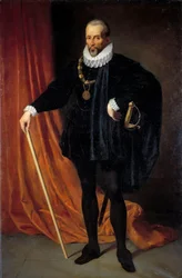 ブレイズ・ド・モンテスキュー（1501-1577）の足の肖像（1575年にフランスのマレシャルになったモンリュックの領主、ギュイエンヌの中将、聖ミカエル勲章の首飾りを身につけている）」 アンリ・シェファー（1798-1862）による絵画 19世紀 日の丸2,18 x 1,42 m