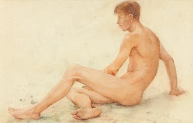 座っている右向きの男性のヌードの研究