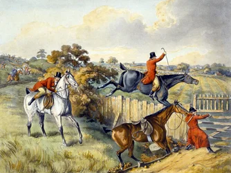トーマス・サザーランド（1785-1838）が彫刻した「Foxhunting」からの「The Leap」（カラーリトグラフ）。