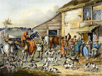 トーマス・サザーランド（1785-1838）が彫刻した「Foxhunting」の「The Refreshment」（カラーリトグラフ）。