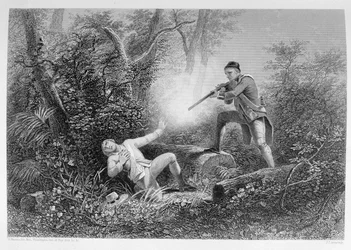1778年のワイオミングにおける兄弟殺し、チャールズ・マッケイ著『The History of the United States』第I巻より、ジェームズ・チャールズ・アーミテージ彫版（ca. 1820-97）