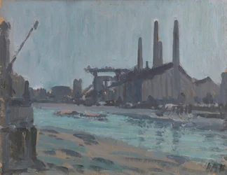 Paisagem com edifícios industriais à beira de um rio