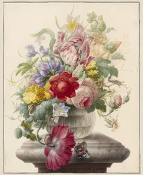 ガラスの花瓶と蝶の花。 1700年頃