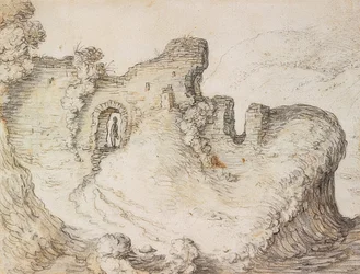 廃墟と山の風景。 1650年頃