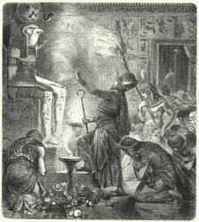 お寺で若いエジプトのファラオ