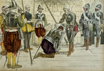 コス・ブリサック（Cosse-Brissac）のシャルル2世（1562年〜1621年または1626年）は、1594年3月22日にパリに入る前に、アンリ4世（1553年〜1610年）によってフランスの牧童となった。傍らに立つ商人の前任者ジャン・リュイリエ（？）が街の鍵を持っている。イラスト 1907