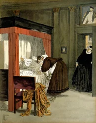 看護師と共に死を迎えるフランス王シャルル9世（1550-1574）。ヘルマン・フォーゲル（1856-1918）による "Henri IV "のイラスト