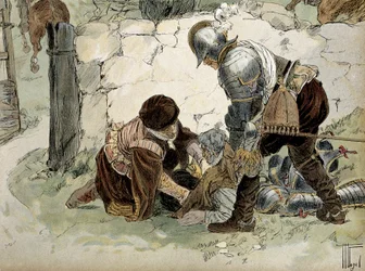 アンリ4世（1553-1610）は、マイエンヌ軍に対するオーマルでの偵察中に負傷した。ヘルマン・フォーゲル（1856-1918）による "Henri IV "のイラスト