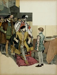 紳士たちに囲まれたフランス王アンリ2世（1519-1559）は、子供の頃のアンリ4世（1553-1610）の再婚相手を質問するのが好きなようです。ヘルマン・フォーゲル（1856-1918）による "アンリ4世 "のイラスト