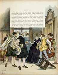 1594年12月27日のジャン・シャテル（1575-1594）による襲撃。王の謁見中、アンリ4世（1553-1610）を暗殺するため、ガブリエル・デストレ（1570年から1573年の間生まれ-1599）の館に侵入した。挿絵