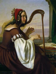 ハープの音楽、ヘルマン・フォン・ハンシュタイン (1809-1878) 作、キャンバスに油彩。 ドイツ