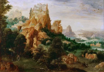 Paysage avec la parabole du Bon Samaritgain - Good Samaritanのたとえのある風景 - Henri de Herri met de Bles (1510-1550).木に油彩、1540年頃。サイズ：29x42 cm。ヴィエンヌの美術史博物館