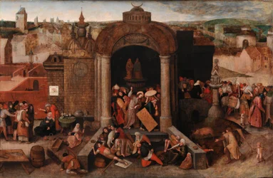 神殿から商人を駆り立てるキリスト、c.1570-5（パネルに油彩）